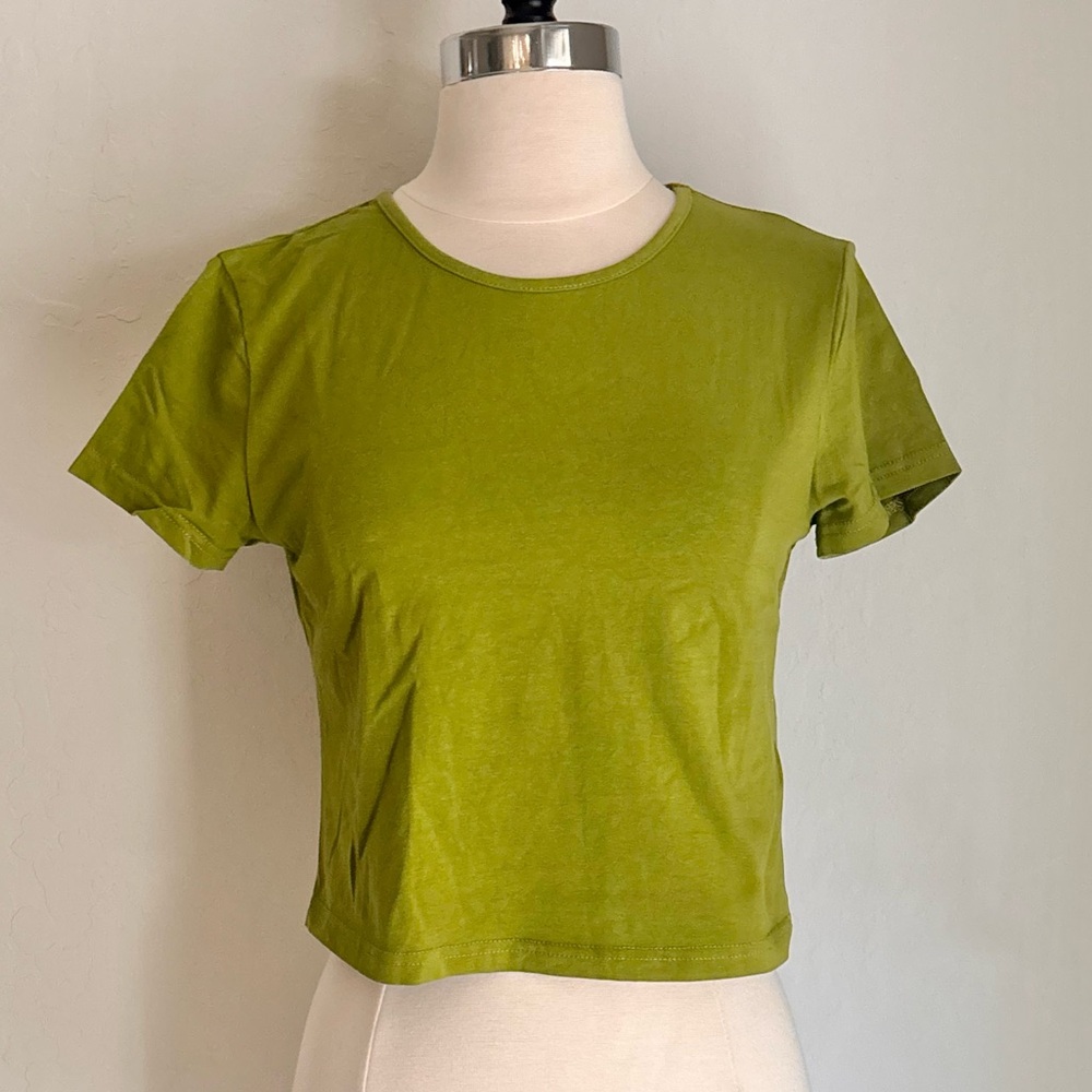 🌿 3 FOR $12 Dazy Lime Green Cropped Cotton Blend Crew Neck Tee Shirt, XL